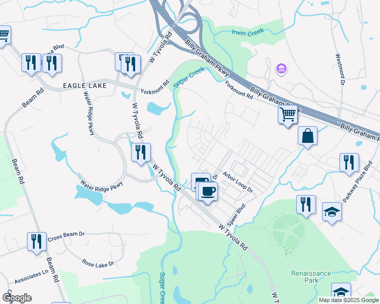 map of restaurants, bars, coffee shops, grocery stores, and more near 2539 Arbor Loop Drive in Charlotte