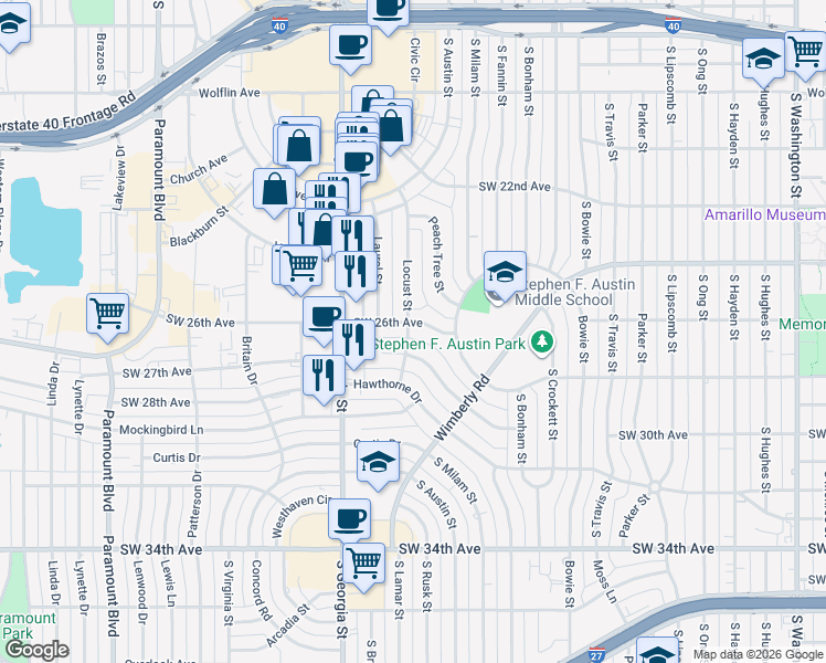 map of restaurants, bars, coffee shops, grocery stores, and more near 2413 Southwest 26th Avenue in Amarillo