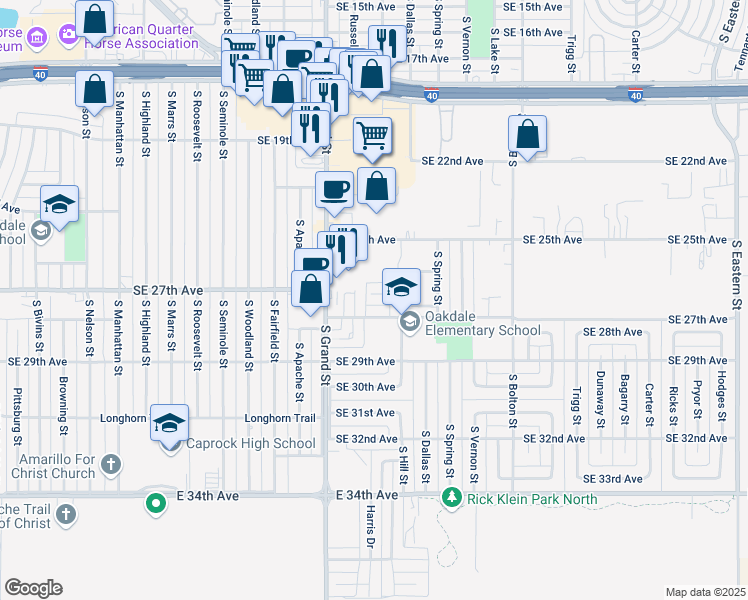 map of restaurants, bars, coffee shops, grocery stores, and more near 3702 Eagle Crest Drive in Amarillo