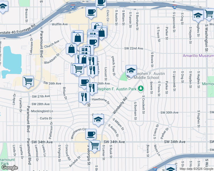map of restaurants, bars, coffee shops, grocery stores, and more near 2413 Southwest 26th Avenue in Amarillo