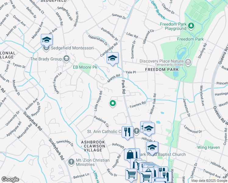 map of restaurants, bars, coffee shops, grocery stores, and more near 3416 Steven Lorimer Lane in Charlotte