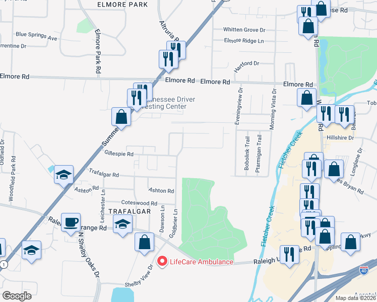 map of restaurants, bars, coffee shops, grocery stores, and more near 6483 Birkenhead Road in Memphis