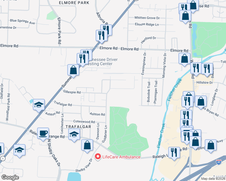 map of restaurants, bars, coffee shops, grocery stores, and more near 6483 Birkenhead Road in Memphis