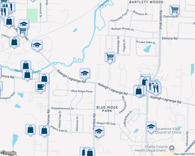 map of restaurants, bars, coffee shops, grocery stores, and more near 5494 Raleigh Lagrange Road in Memphis