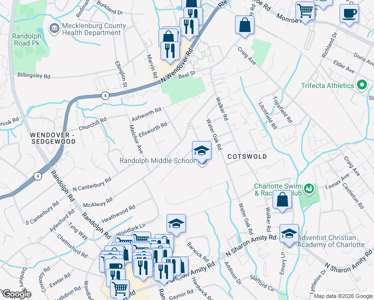 map of restaurants, bars, coffee shops, grocery stores, and more near 533 Bertonley Avenue in Charlotte