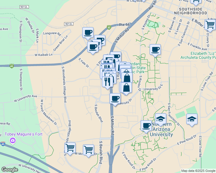 map of restaurants, bars, coffee shops, grocery stores, and more near 1551 South Milton Road in Flagstaff