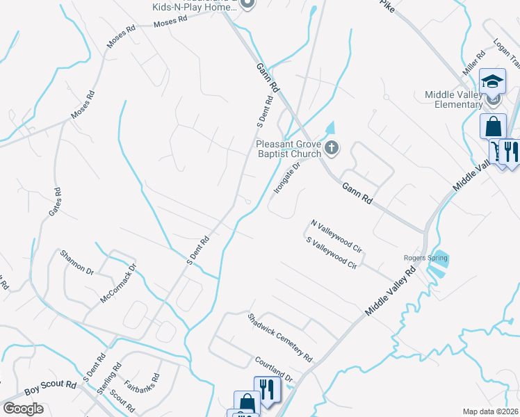 map of restaurants, bars, coffee shops, grocery stores, and more near 7432 Irongate Drive in Middle Valley