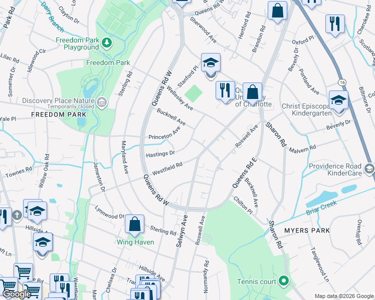 map of restaurants, bars, coffee shops, grocery stores, and more near 2126 Hastings Drive in Charlotte