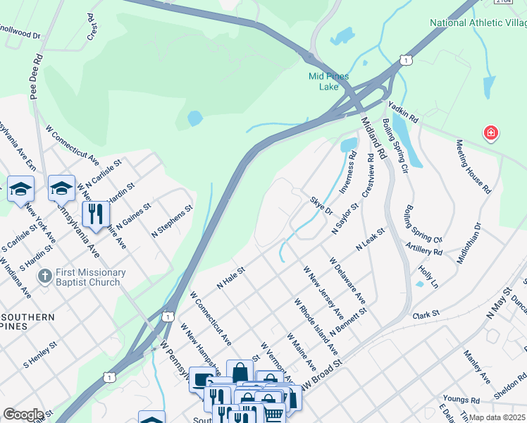 map of restaurants, bars, coffee shops, grocery stores, and more near 43 Village Green Circle in Southern Pines