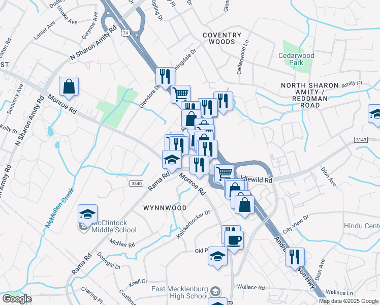 map of restaurants, bars, coffee shops, grocery stores, and more near in Charlotte