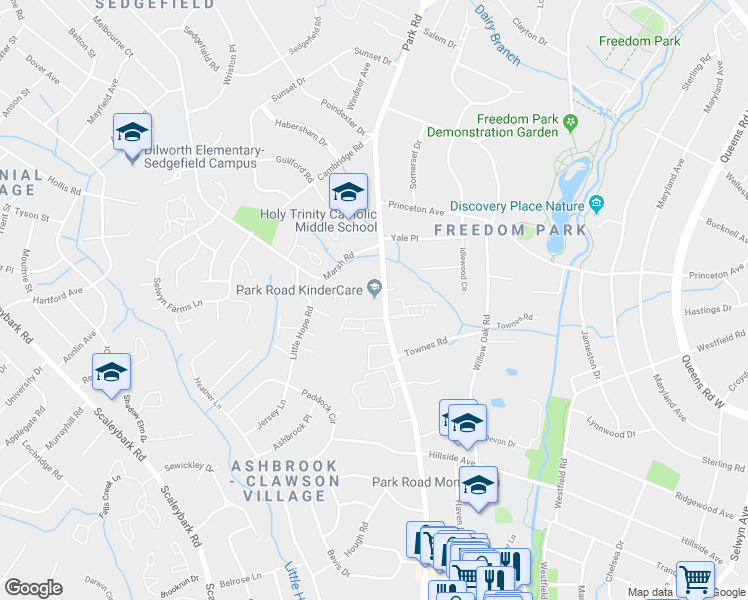 map of restaurants, bars, coffee shops, grocery stores, and more near 3334 Park Road in Charlotte
