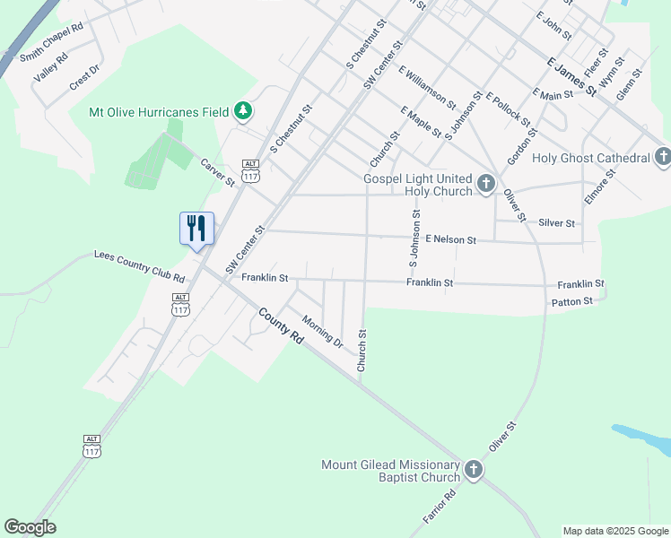map of restaurants, bars, coffee shops, grocery stores, and more near 227 Franklin Street in Mount Olive