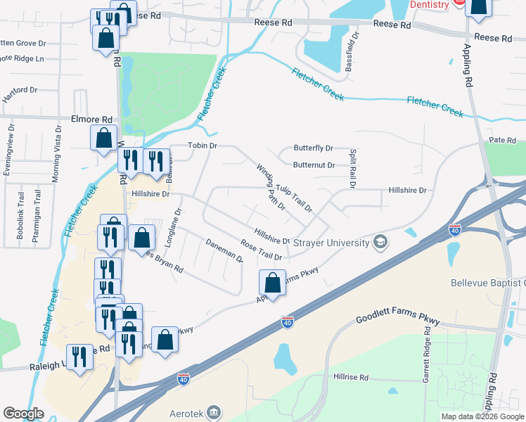 map of restaurants, bars, coffee shops, grocery stores, and more near 2198 Hillshire Cove in Memphis