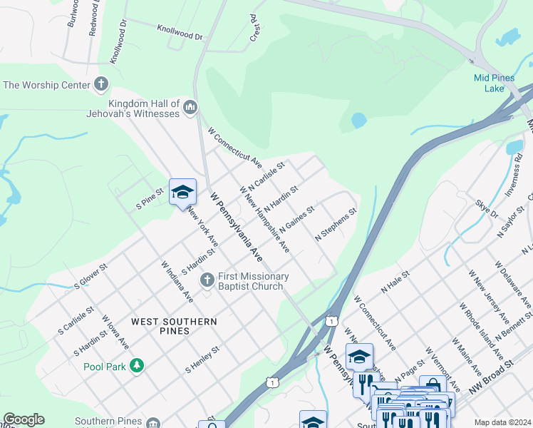 map of restaurants, bars, coffee shops, grocery stores, and more near 1085 West New Hampshire Avenue in Southern Pines