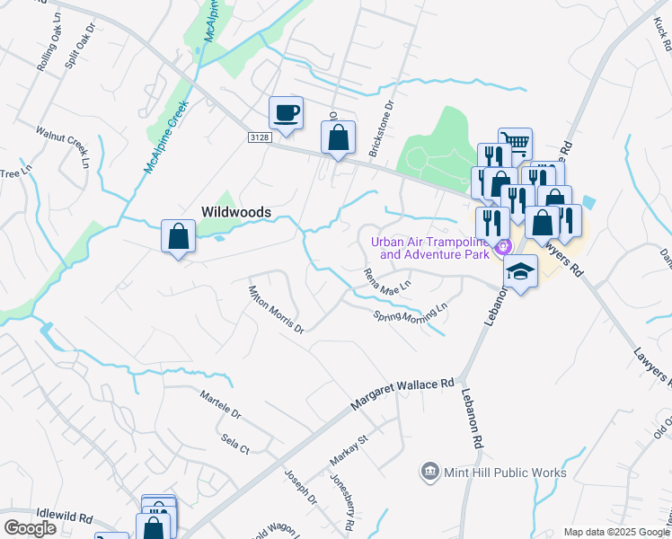 map of restaurants, bars, coffee shops, grocery stores, and more near 8804 Hunter Green Lane in Charlotte