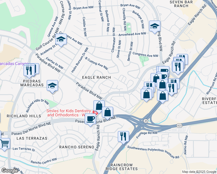 map of restaurants, bars, coffee shops, grocery stores, and more near 4612 Miramar Drive Northwest in Albuquerque