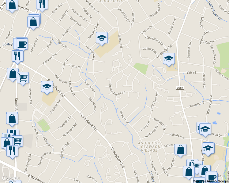 map of restaurants, bars, coffee shops, grocery stores, and more near 3513 Selwyn Farms Lane in Charlotte