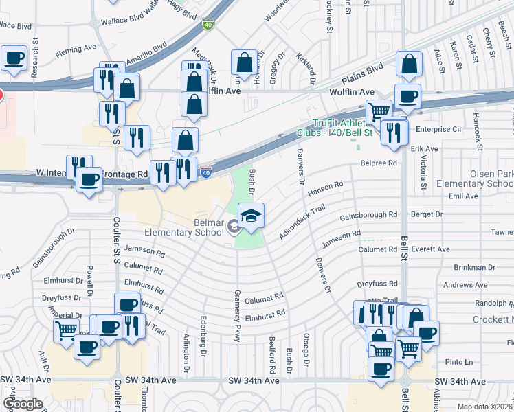 map of restaurants, bars, coffee shops, grocery stores, and more near 6240 Belpree Road in Amarillo