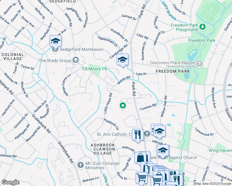 map of restaurants, bars, coffee shops, grocery stores, and more near 1022 Davant Lane in Charlotte