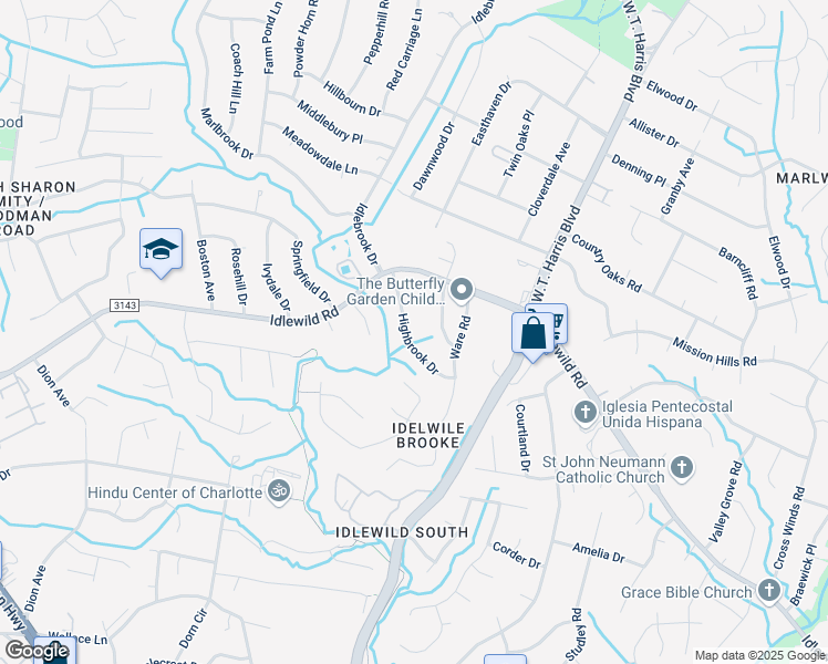 map of restaurants, bars, coffee shops, grocery stores, and more near 6717 Highbrook Dr in Charlotte