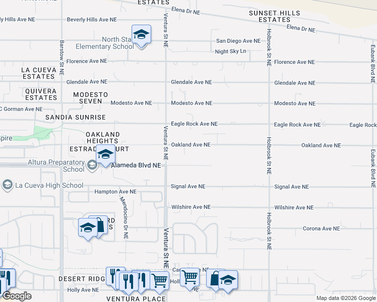 map of restaurants, bars, coffee shops, grocery stores, and more near 9154 Oakland Avenue Northeast in Albuquerque