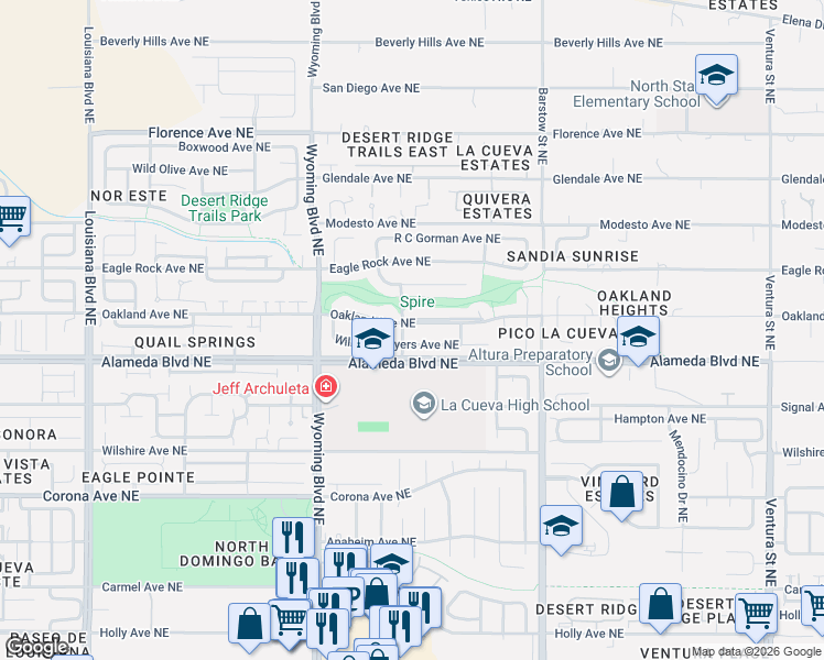 map of restaurants, bars, coffee shops, grocery stores, and more near 7820 Oakland Avenue Northeast in Albuquerque