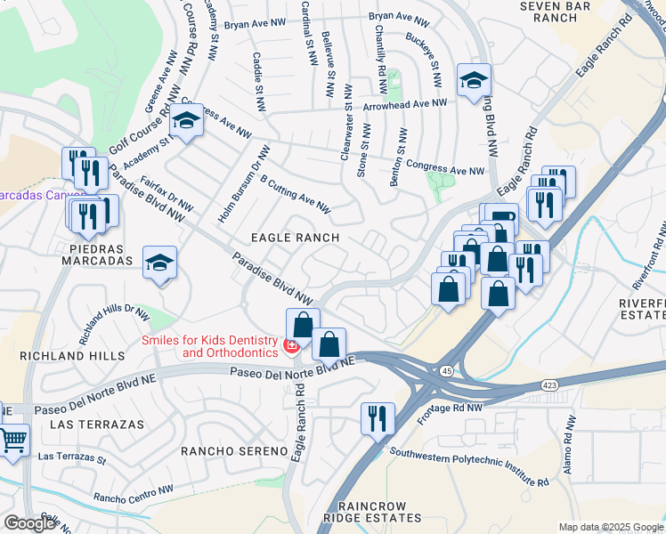 map of restaurants, bars, coffee shops, grocery stores, and more near 4612 Miramar Drive Northwest in Albuquerque