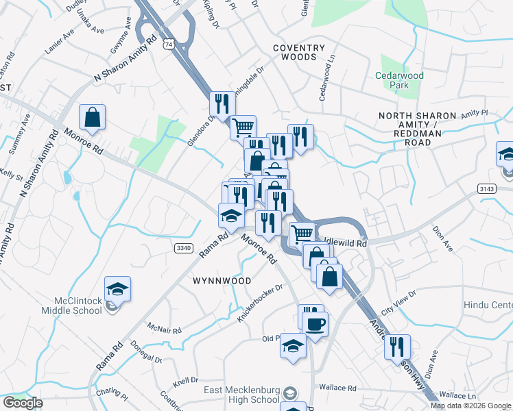map of restaurants, bars, coffee shops, grocery stores, and more near in Charlotte