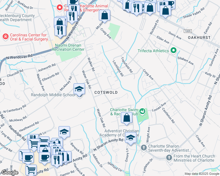 map of restaurants, bars, coffee shops, grocery stores, and more near in Charlotte