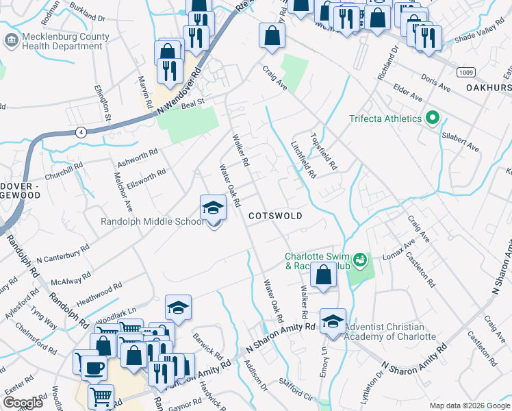 map of restaurants, bars, coffee shops, grocery stores, and more near 4336 Walker Road in Charlotte