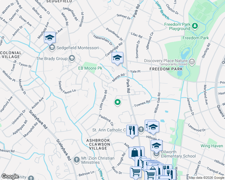 map of restaurants, bars, coffee shops, grocery stores, and more near 3416 Steven Lorimer Lane in Charlotte