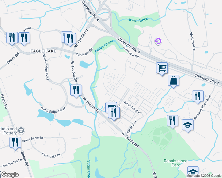 map of restaurants, bars, coffee shops, grocery stores, and more near 2539 Arbor Loop Drive in Charlotte