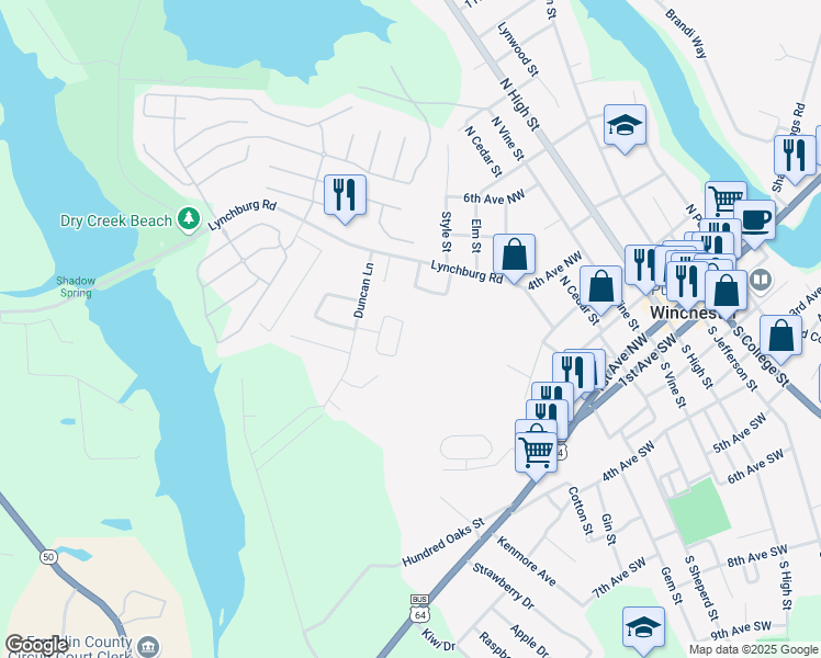 map of restaurants, bars, coffee shops, grocery stores, and more near 227 Briar Circle in Winchester