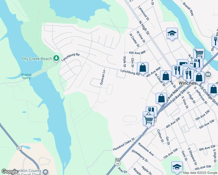 map of restaurants, bars, coffee shops, grocery stores, and more near 227 Briar Circle in Winchester