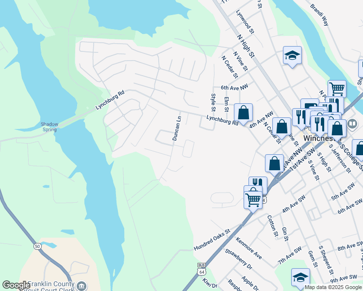map of restaurants, bars, coffee shops, grocery stores, and more near 227 Briar Circle in Winchester