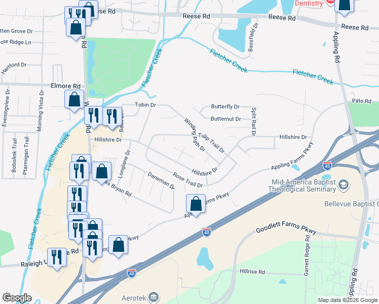 map of restaurants, bars, coffee shops, grocery stores, and more near 2198 Hillshire Cove in Memphis