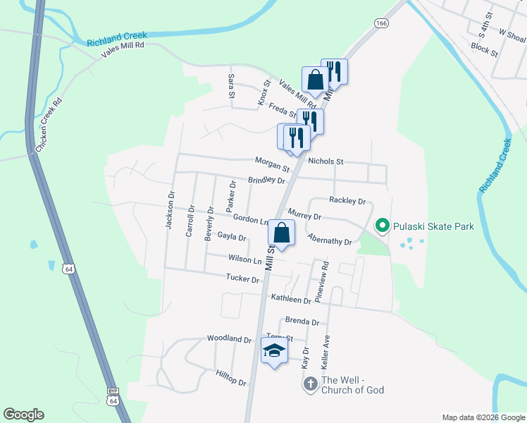 map of restaurants, bars, coffee shops, grocery stores, and more near 1242 Mill Street in Pulaski