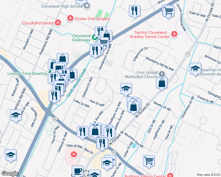 map of restaurants, bars, coffee shops, grocery stores, and more near 3001 Henderson Avenue Northwest in Cleveland