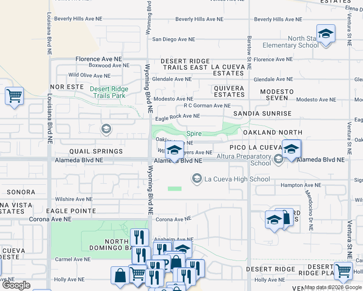 map of restaurants, bars, coffee shops, grocery stores, and more near 7720 Oakland Avenue Northeast in Albuquerque