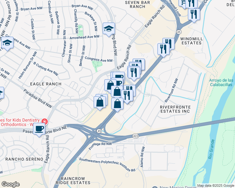 map of restaurants, bars, coffee shops, grocery stores, and more near 9311 Coors Boulevard Northwest in Albuquerque