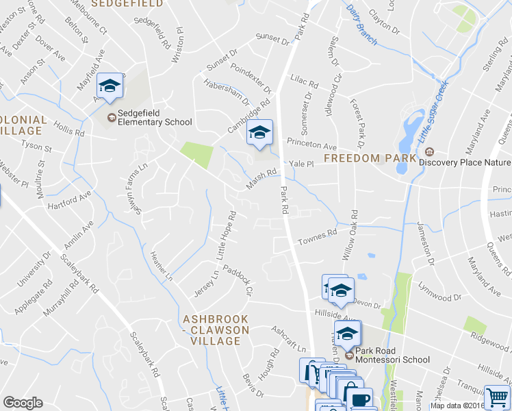 map of restaurants, bars, coffee shops, grocery stores, and more near 3416 Steven Lorimer Lane in Charlotte