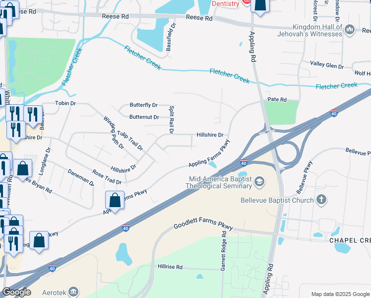 map of restaurants, bars, coffee shops, grocery stores, and more near 7269 Rose Trail Drive in Memphis