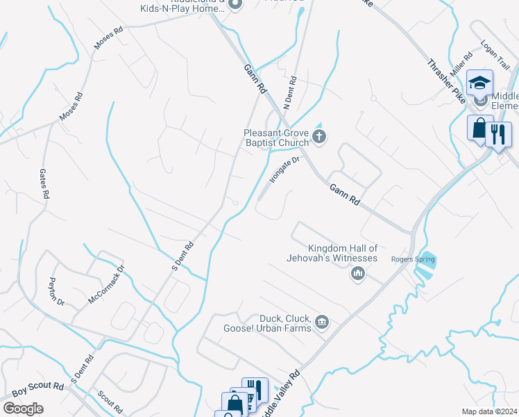 map of restaurants, bars, coffee shops, grocery stores, and more near 7432 Irongate Drive in Middle Valley