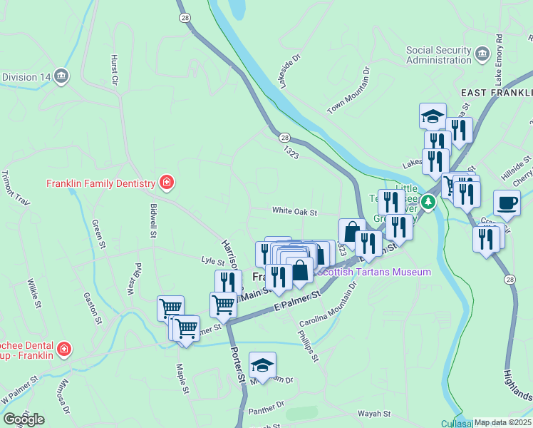 map of restaurants, bars, coffee shops, grocery stores, and more near 59 White Oak Street in Franklin