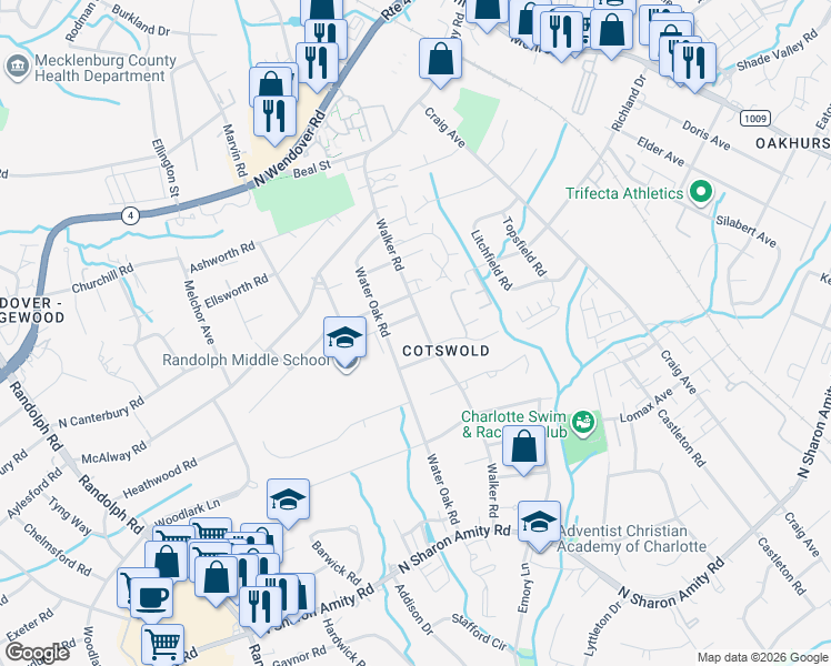 map of restaurants, bars, coffee shops, grocery stores, and more near 4336 Walker Road in Charlotte
