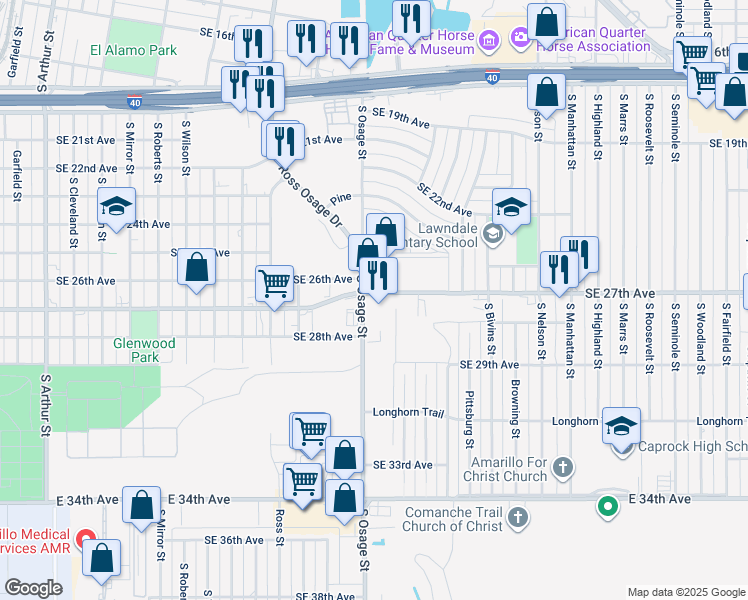 map of restaurants, bars, coffee shops, grocery stores, and more near 2701 South Osage Street in Amarillo