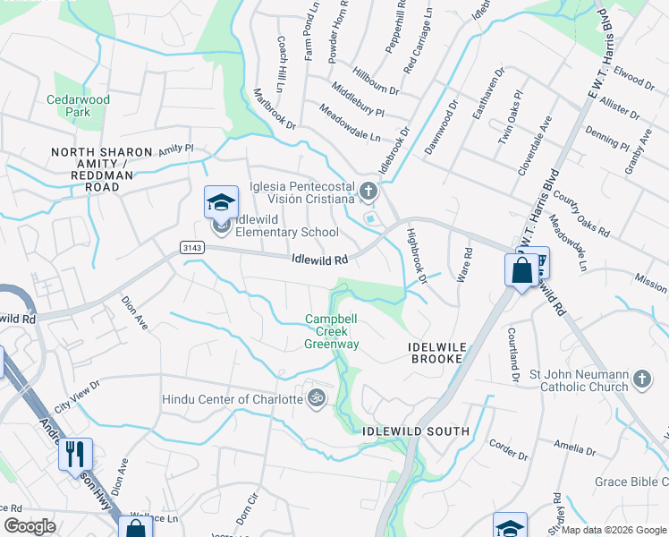 map of restaurants, bars, coffee shops, grocery stores, and more near 7408 Idlewild Road in Charlotte