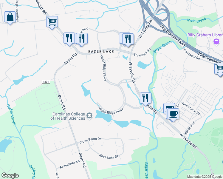 map of restaurants, bars, coffee shops, grocery stores, and more near 2605 Water Ridge Parkway in Charlotte