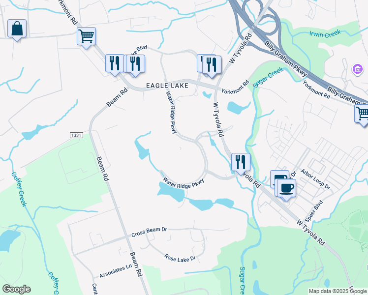 map of restaurants, bars, coffee shops, grocery stores, and more near 2605 Water Ridge Parkway in Charlotte