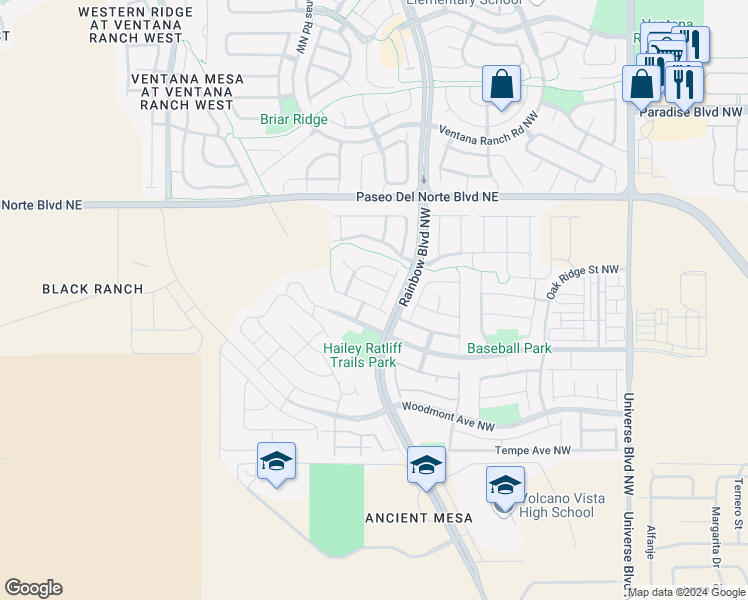 map of restaurants, bars, coffee shops, grocery stores, and more near 7215 Teypana Road Northwest in Albuquerque